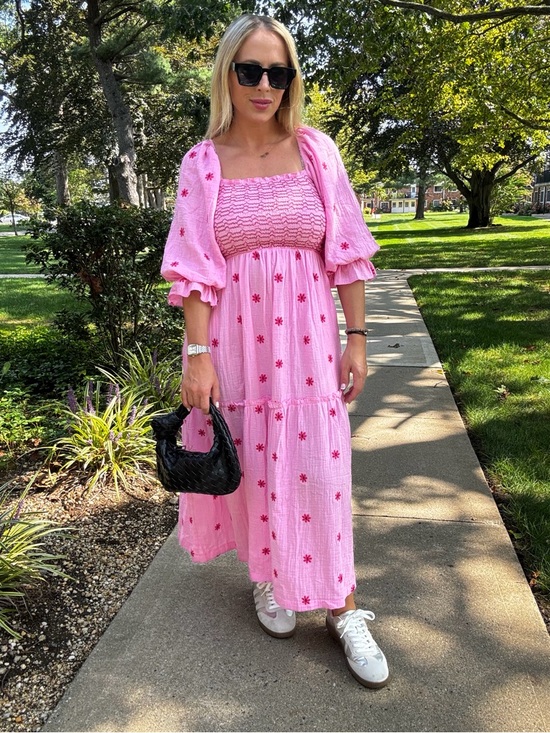 Amazon Dresses & Skirts - Pink Smocked Maxi Dress with Puff Sleeves